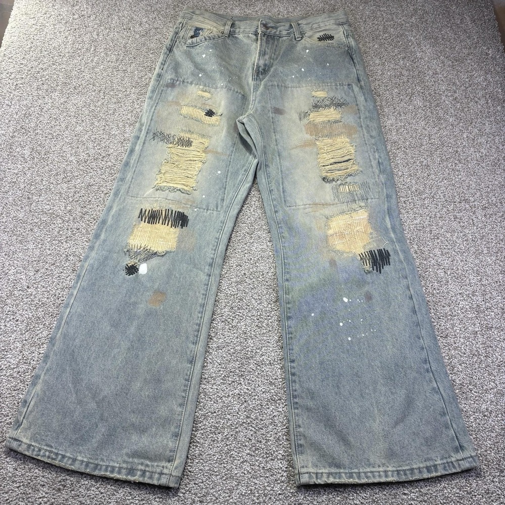 Supermade GG410H Jeans Mens 34x27 Blue Light Wash Relaxed Wide Leg Distressed